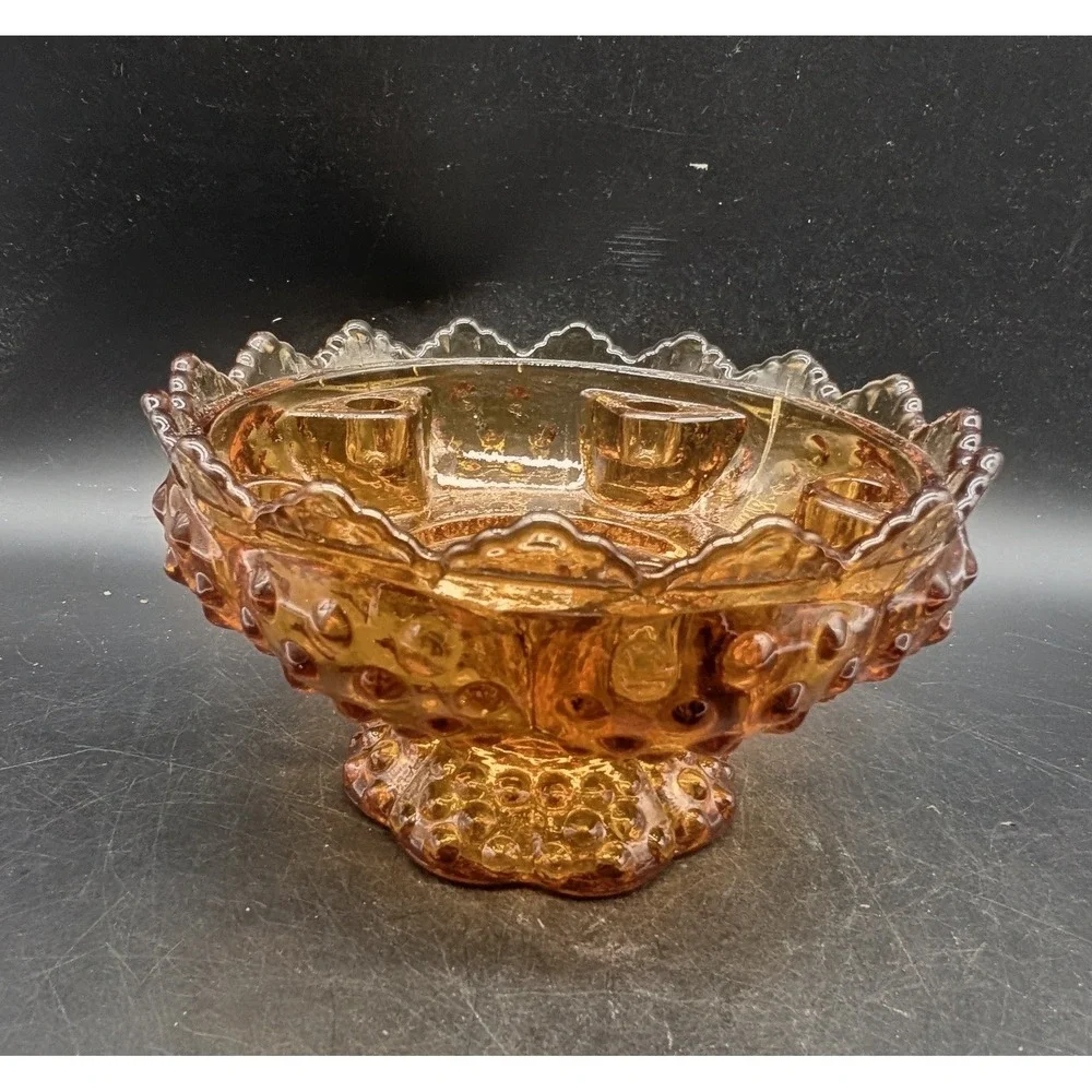 Vintage Amber Fenton Glass Hobnail Console Bowl Scalloped Edge 6 Candle Holder